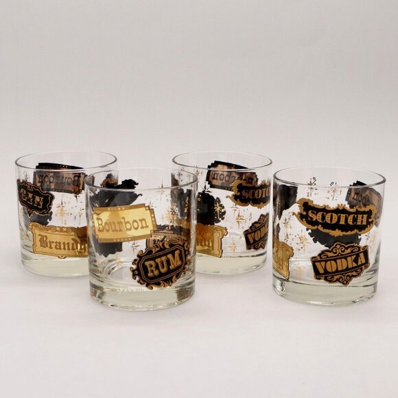 4 West Virginia Glass Co. Liquor Labels Double Old Fashioned Glasses Vtg MCM - Picture 1 of 16